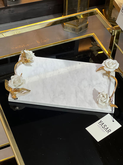 Rosamara Mermer Tepsi Porselen Gül Detaylı