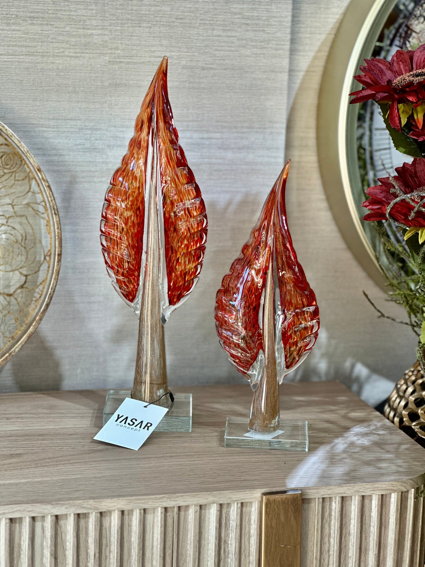 Silvanis Cam Yaprak Obje Set Turuncu Kırmızı