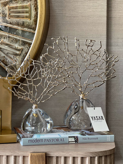 Corallium Metal ve Cam Dekoratif Mercan Obje Gold Set