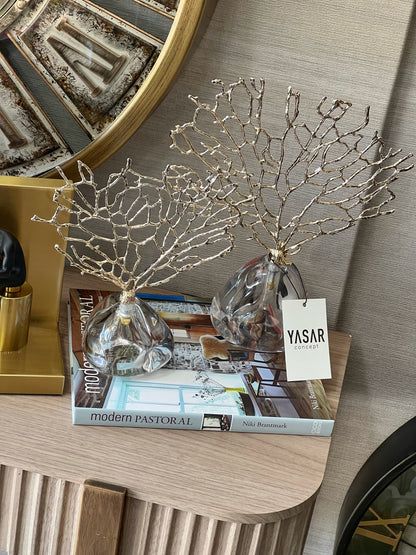 Corallium Metal ve Cam Dekoratif Mercan Obje Gold Set