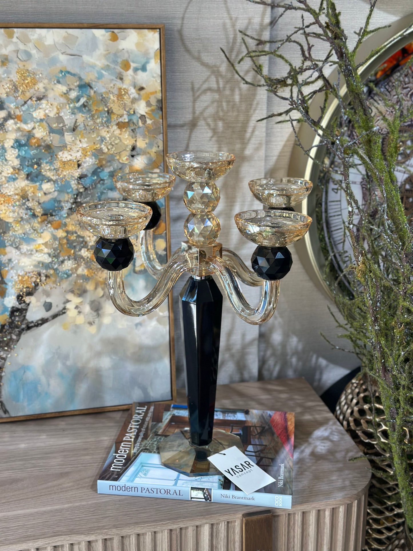 Luxoria 5 Kollu Kristal Şamdan Amber Siyah