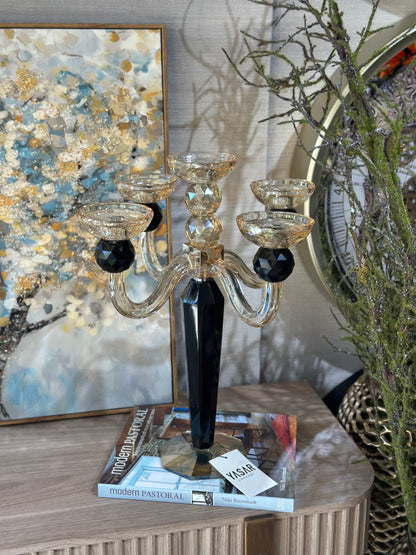 Luxoria 5 Kollu Kristal Şamdan Amber Siyah