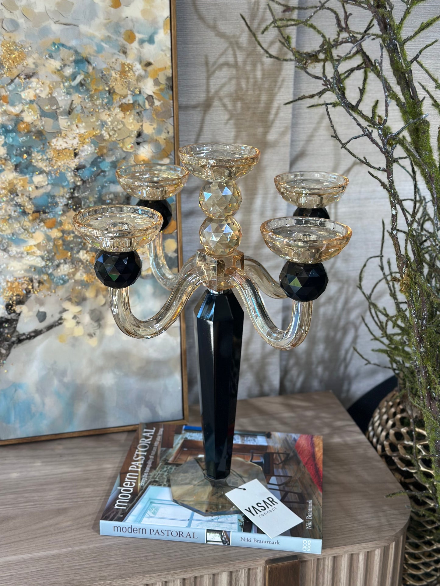 Luxoria 5 Kollu Kristal Şamdan Amber Siyah