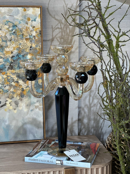 Luxoria 5 Kollu Kristal Şamdan Amber Siyah