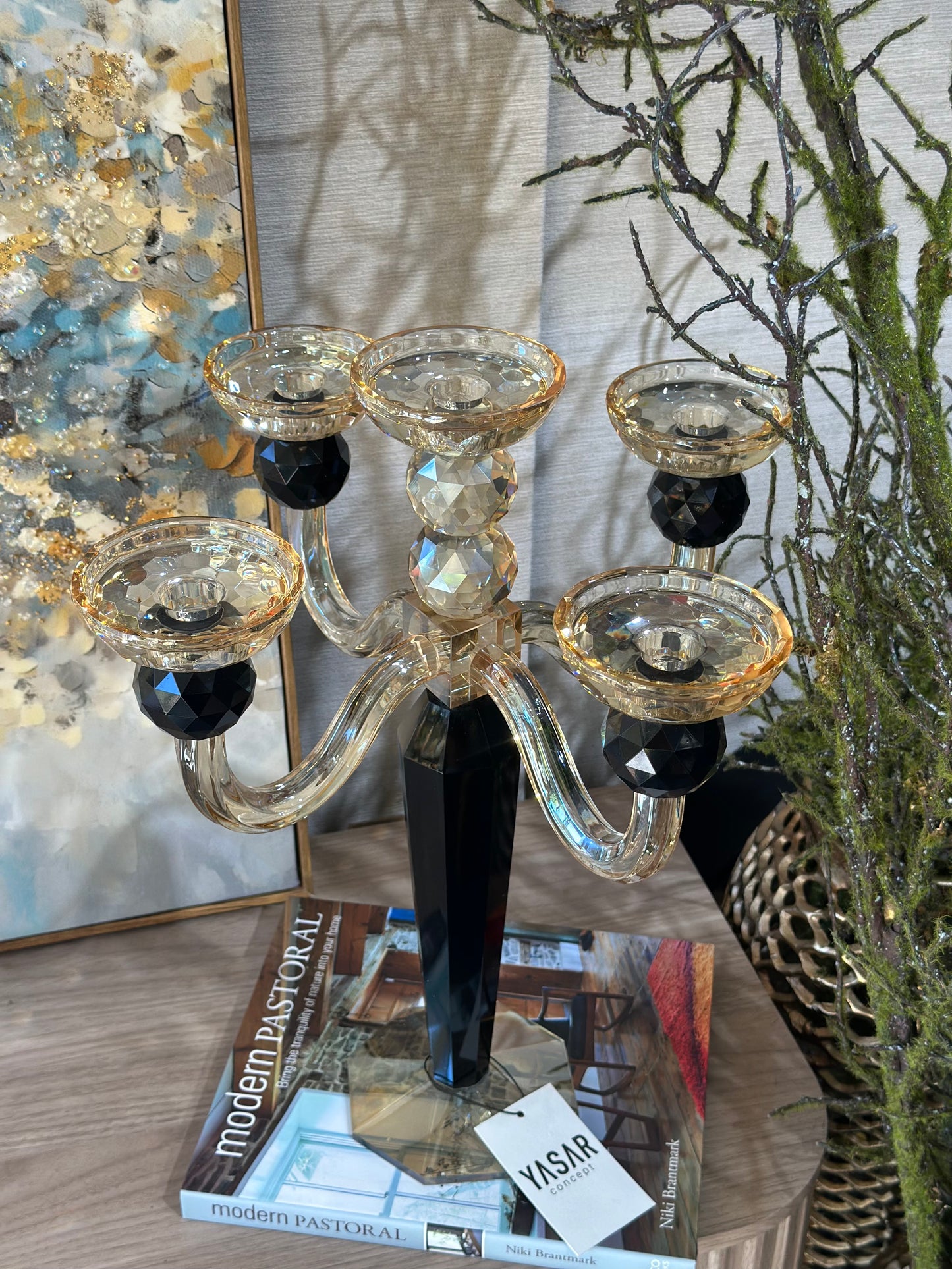 Luxoria 5 Kollu Kristal Şamdan Amber Siyah