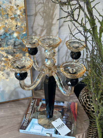 Luxoria 5 Kollu Kristal Şamdan Amber Siyah