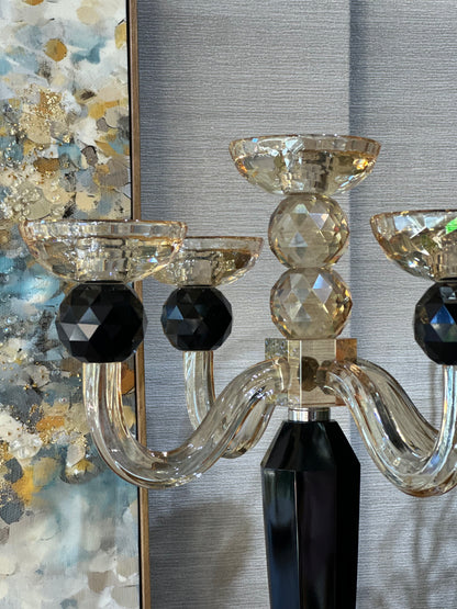 Luxoria 5 Kollu Kristal Şamdan Amber Siyah