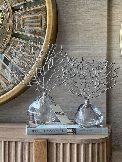 Corallium Metal ve Cam Dekoratif Mercan Obje Gümüş Set