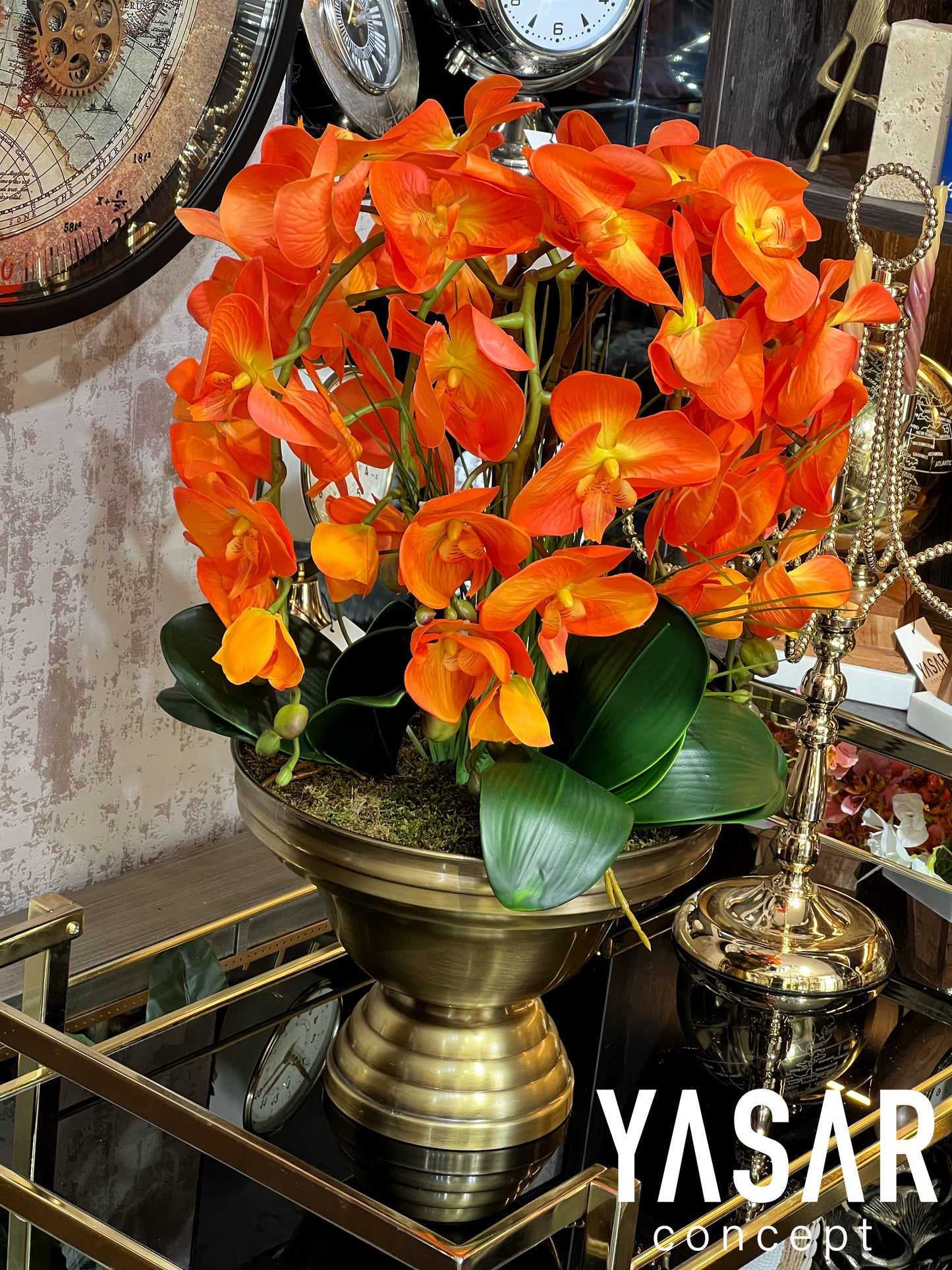 Orvella Metal Eskitme Saksılı Orkide Aranjmanı Turuncu