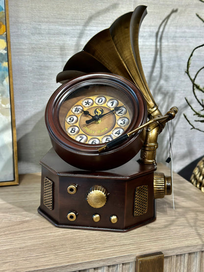 Gramoria Metal Dekoratif Gramafon Saat Detaylı