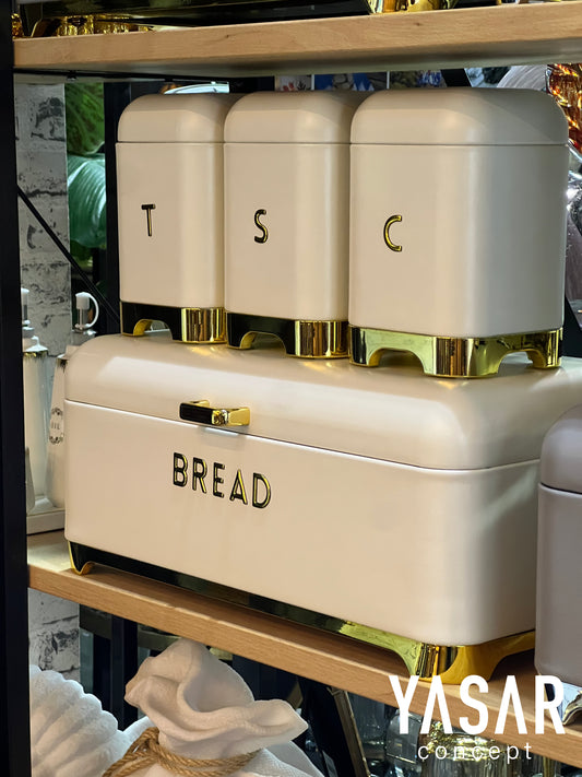 Metal Ekmeklik, Çay, Kahve, Şeker Kavanoz Saklama Kabı Seti Beyaz