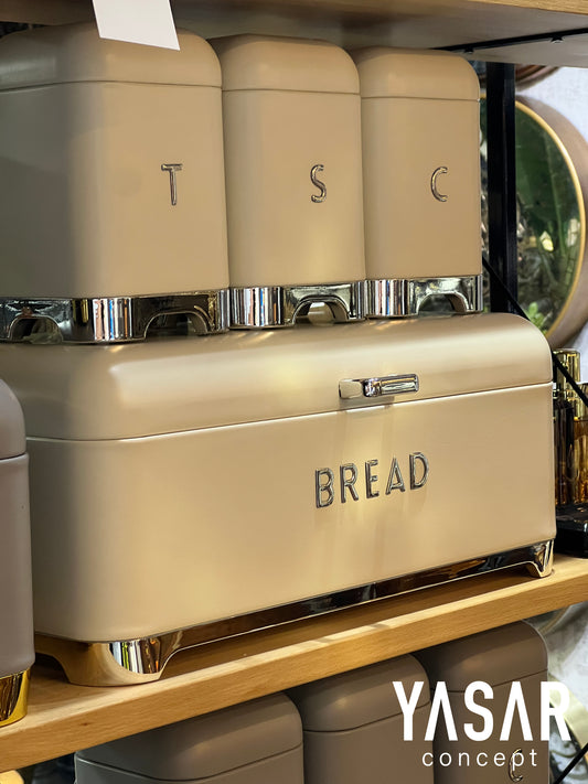 Metal Ekmeklik, Çay, Kahve, Şeker Kavanoz Saklama Kabı Seti Krem