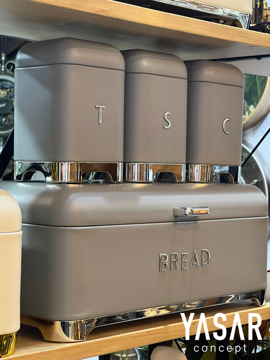 Metal Ekmeklik, Çay, Kahve, Şeker Kavanoz Saklama Kabı Seti Gri