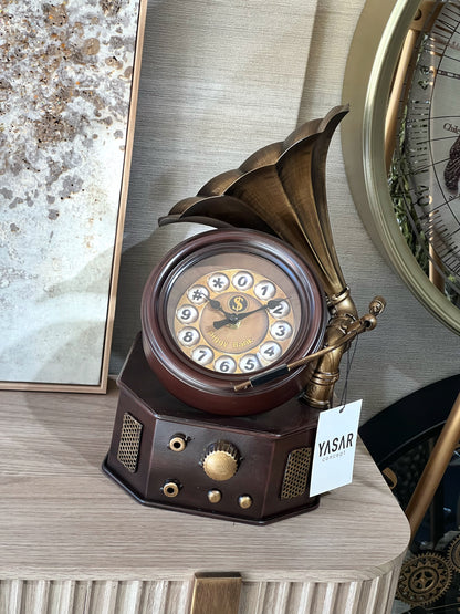 Gramoria Metal Dekoratif Gramafon Saat Detaylı