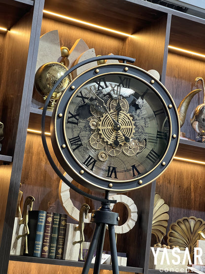 Vintora Dünya Haritalı Metal Çarklı Tripod Ayaklı Saat