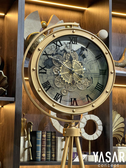 Mecrova Dünya Haritalı Metal Çarklı Tripod Ayaklı Saat