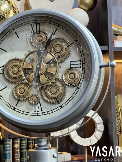 Retrovia Metal Çarklı Tripod Ayaklı Saat Antik Gümüş