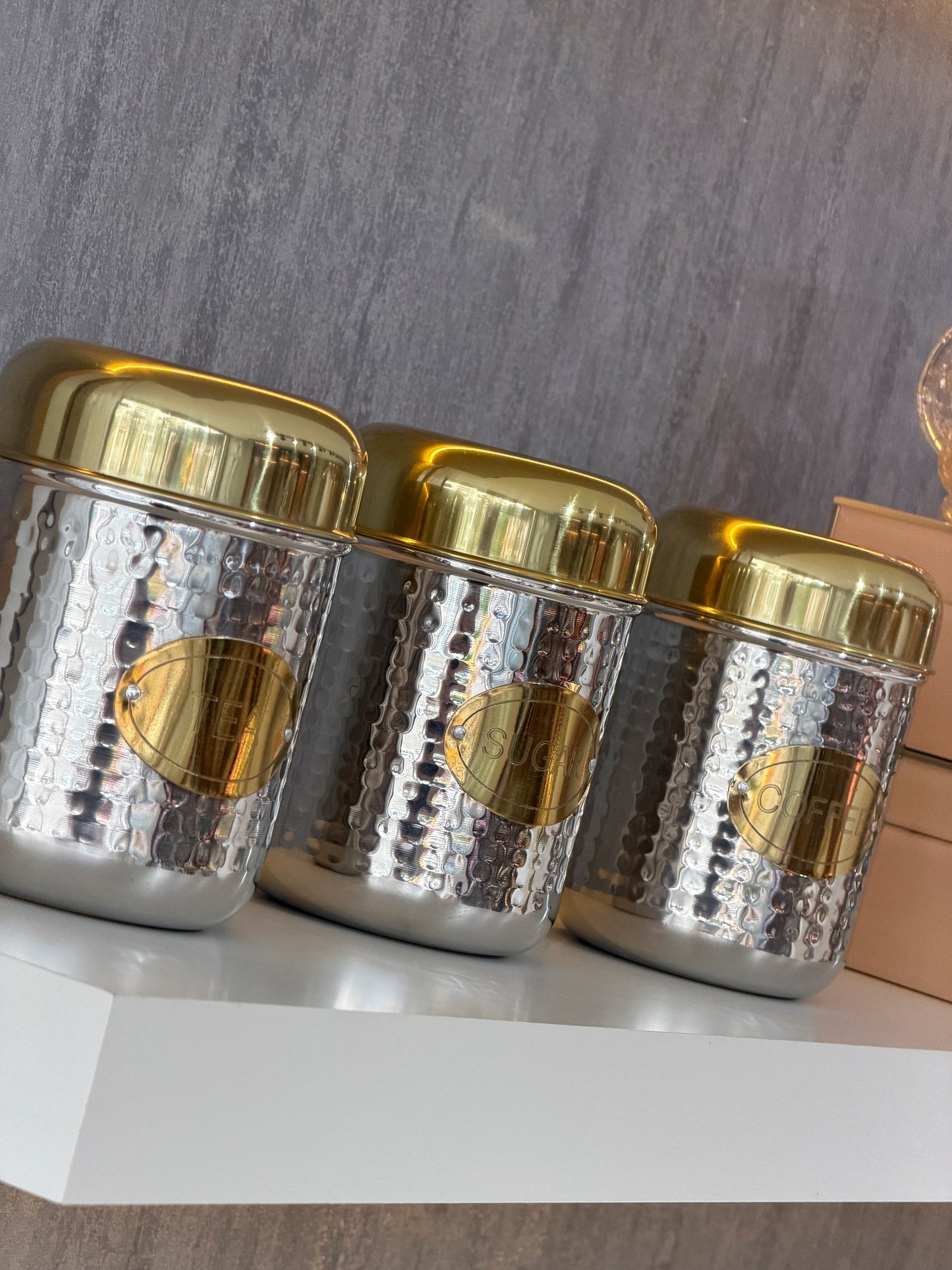 Inoxia Paslanmaz Çelik 3'Lü Saklama Kutusu Çay, Şeker, Kahve Gümüş Gold