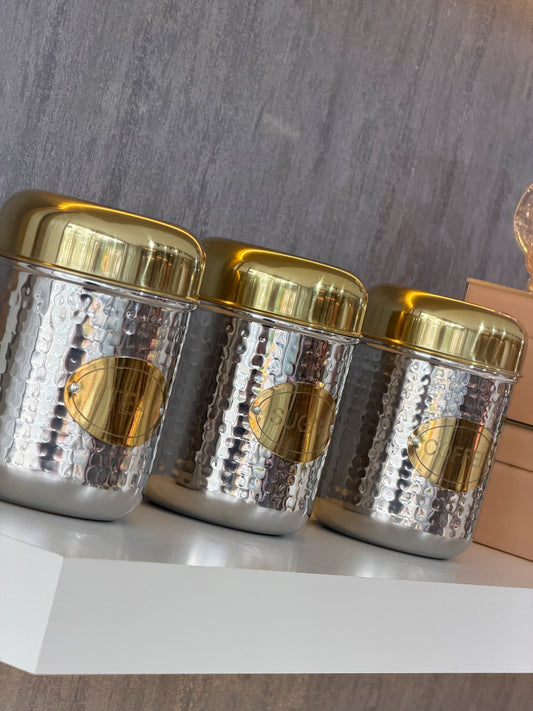 Inoxia Paslanmaz Çelik 3'Lü Saklama Kutusu Çay, Şeker, Kahve Gümüş Gold