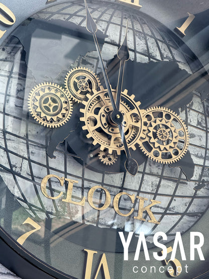 Cosmochron Dünya Haritalı Metal Çarklı Duvar Saati 60 Cm