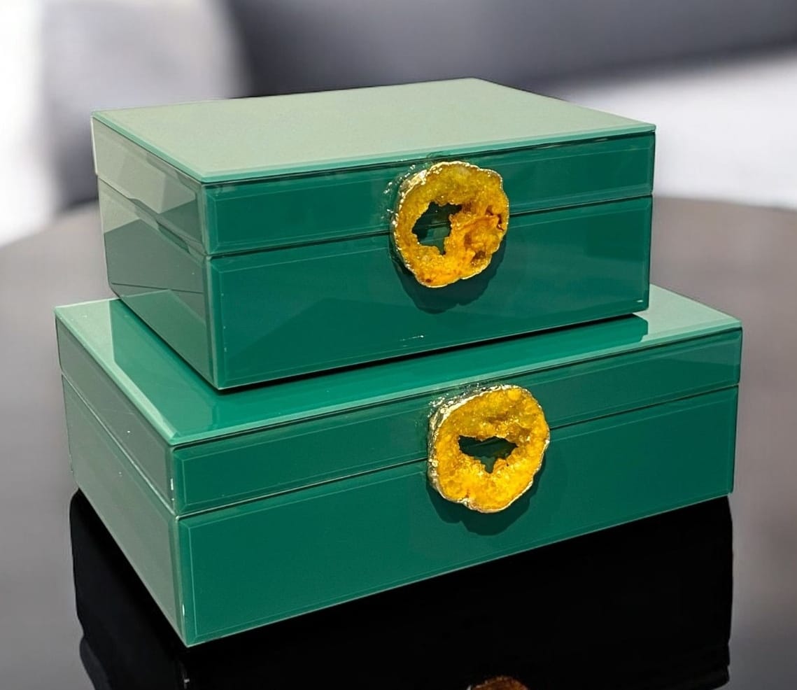 Miravia Dekoratif Cam Kutu Doğal Taşlı Yeşil Set