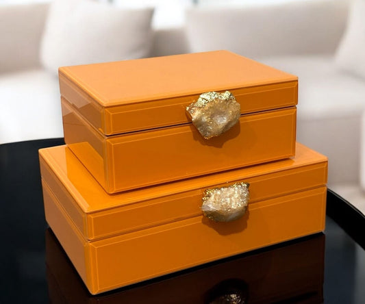 Miravia Dekoratif Cam Kutu Doğal Taşlı Turuncu Set