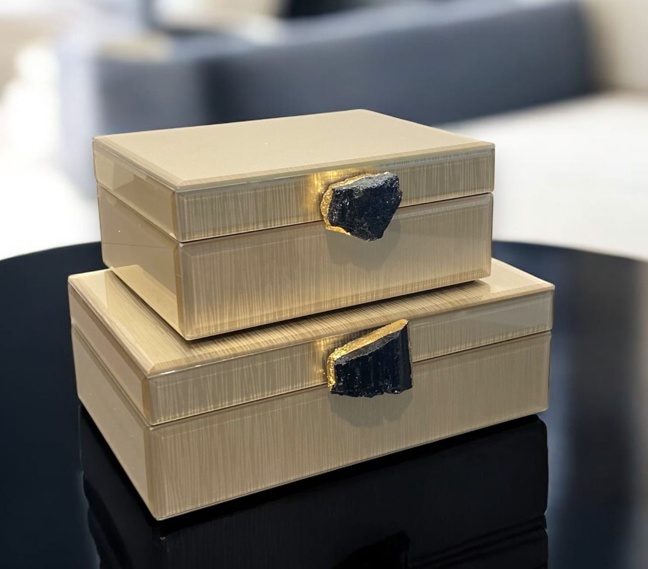 Miravia Dekoratif Cam Kutu Doğal Taşlı Vizon Set