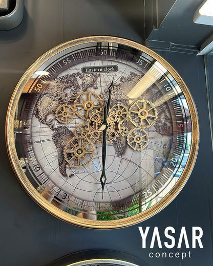 Eastern Clock Dünya Haritalı Metal Çarklı Duvar Saati 60 Cm