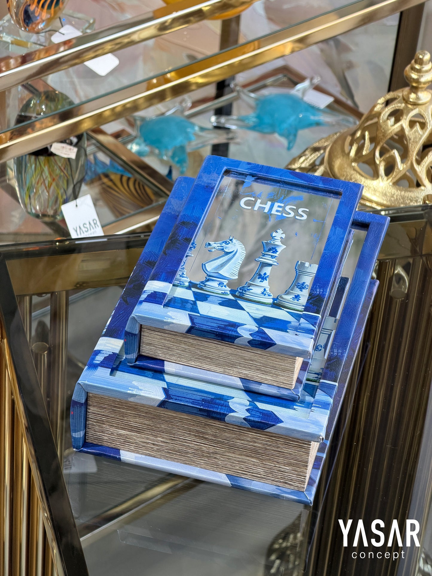 Blue Chess Aynalı Dekoratif Kitap Kutu Set