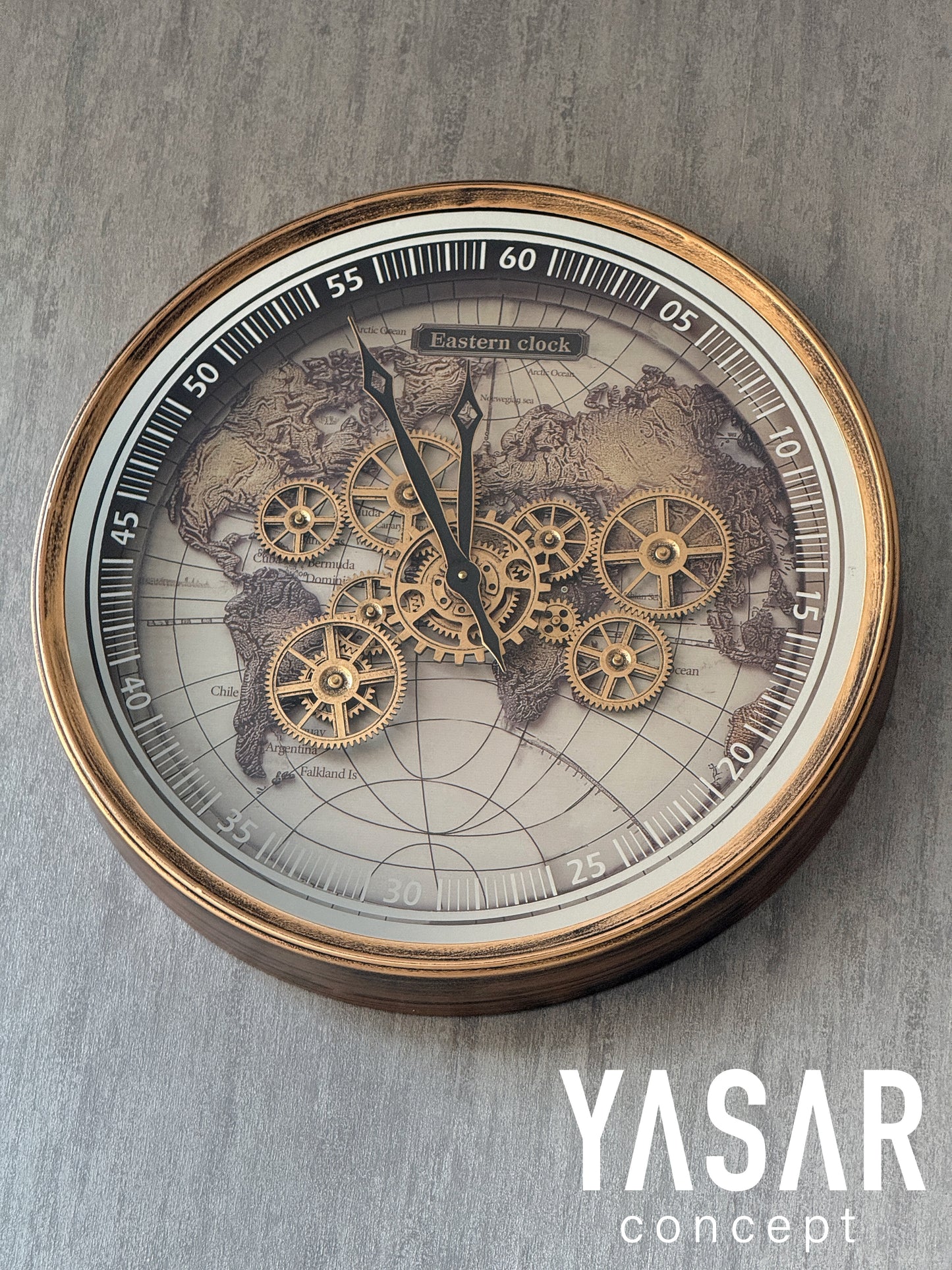 Eastern Clock Dünya Haritalı Metal Çarklı Duvar Saati 60 Cm