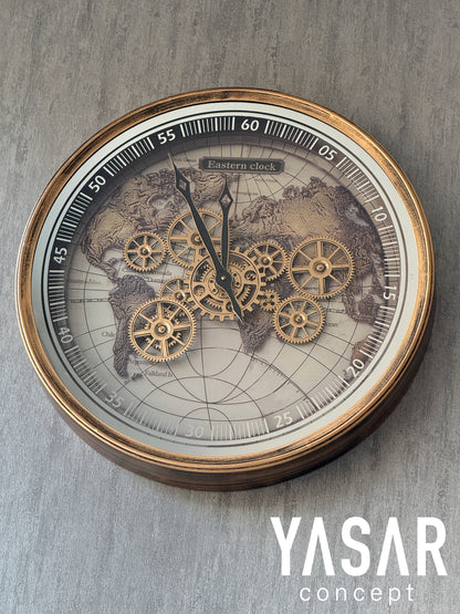 Eastern Clock Dünya Haritalı Metal Çarklı Duvar Saati 60 Cm