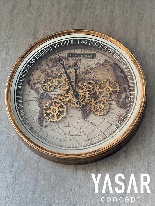 Eastern Clock Dünya Haritalı Metal Çarklı Duvar Saati 60 Cm
