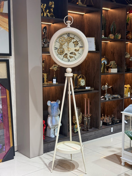 Trivis Metal Çarklı Tripod Ayaklı Saat Kırık Beyaz