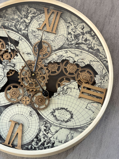 Longitude Dünya Haritalı Çarklı Duvar Saati 60 Cm