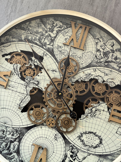 Longitude Dünya Haritalı Çarklı Duvar Saati 60 Cm