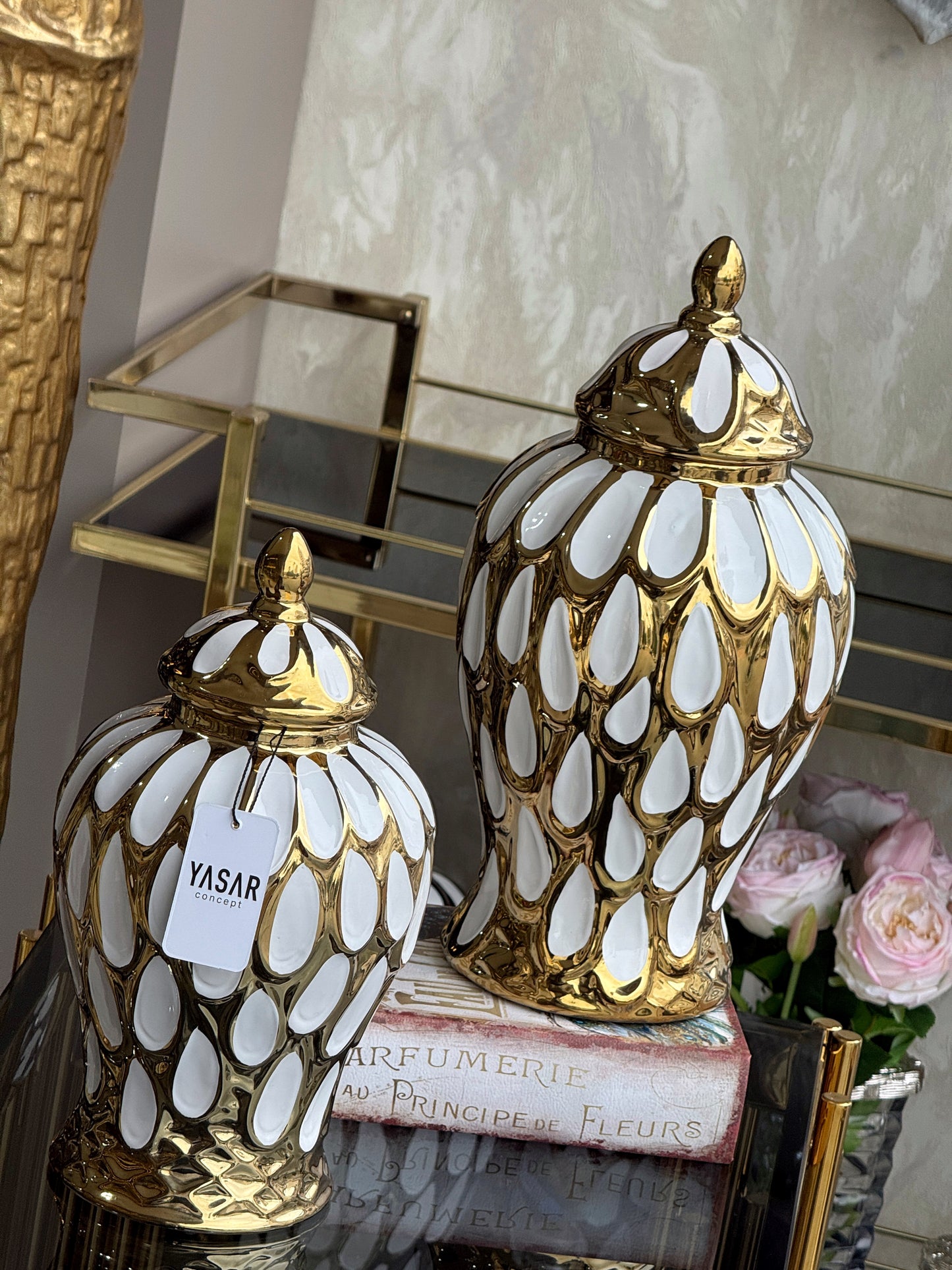 Aurum Seramik Küp Kapaklı Vazo Set Gold