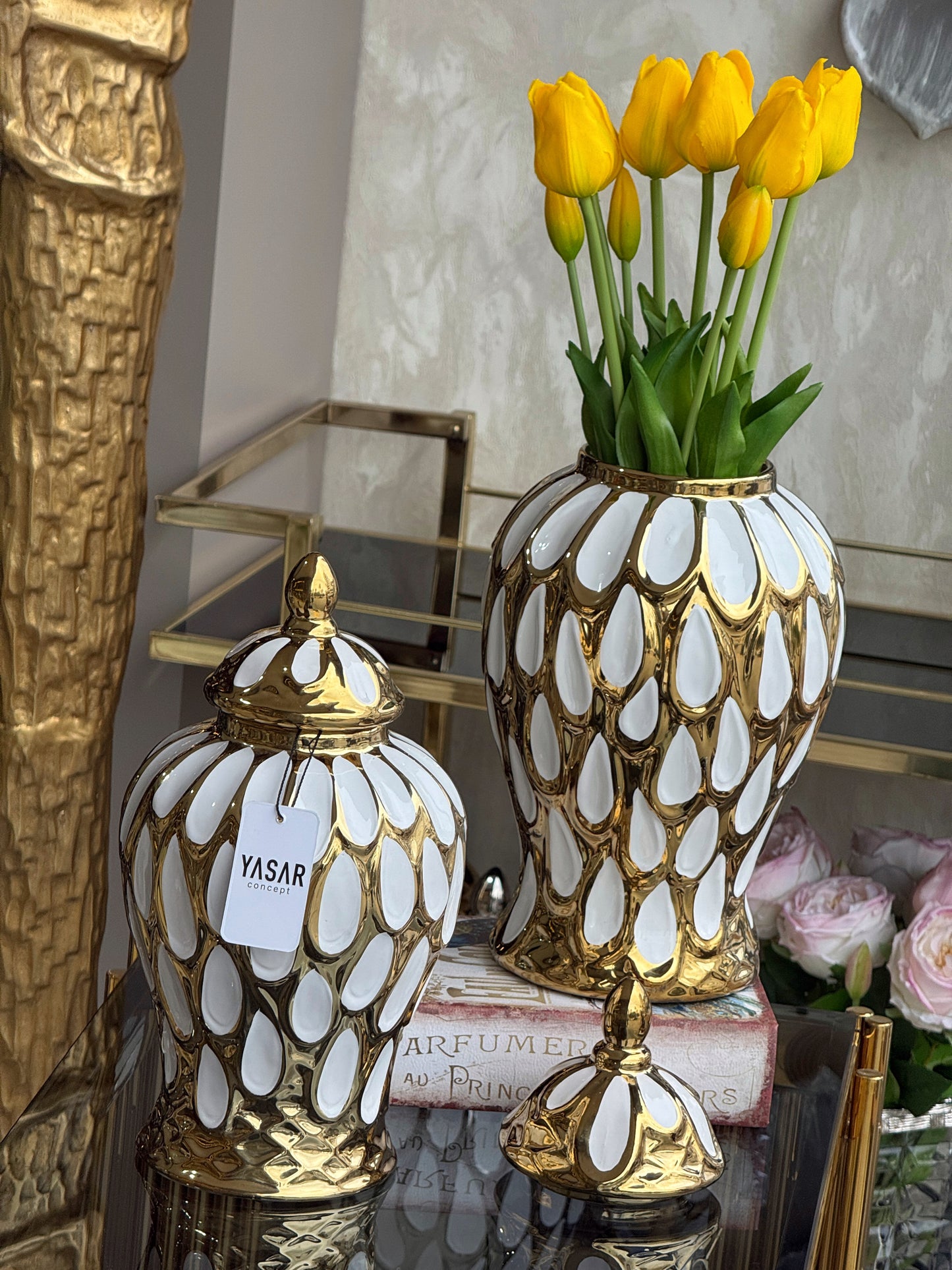 Aurum Seramik Küp Kapaklı Vazo Set Gold