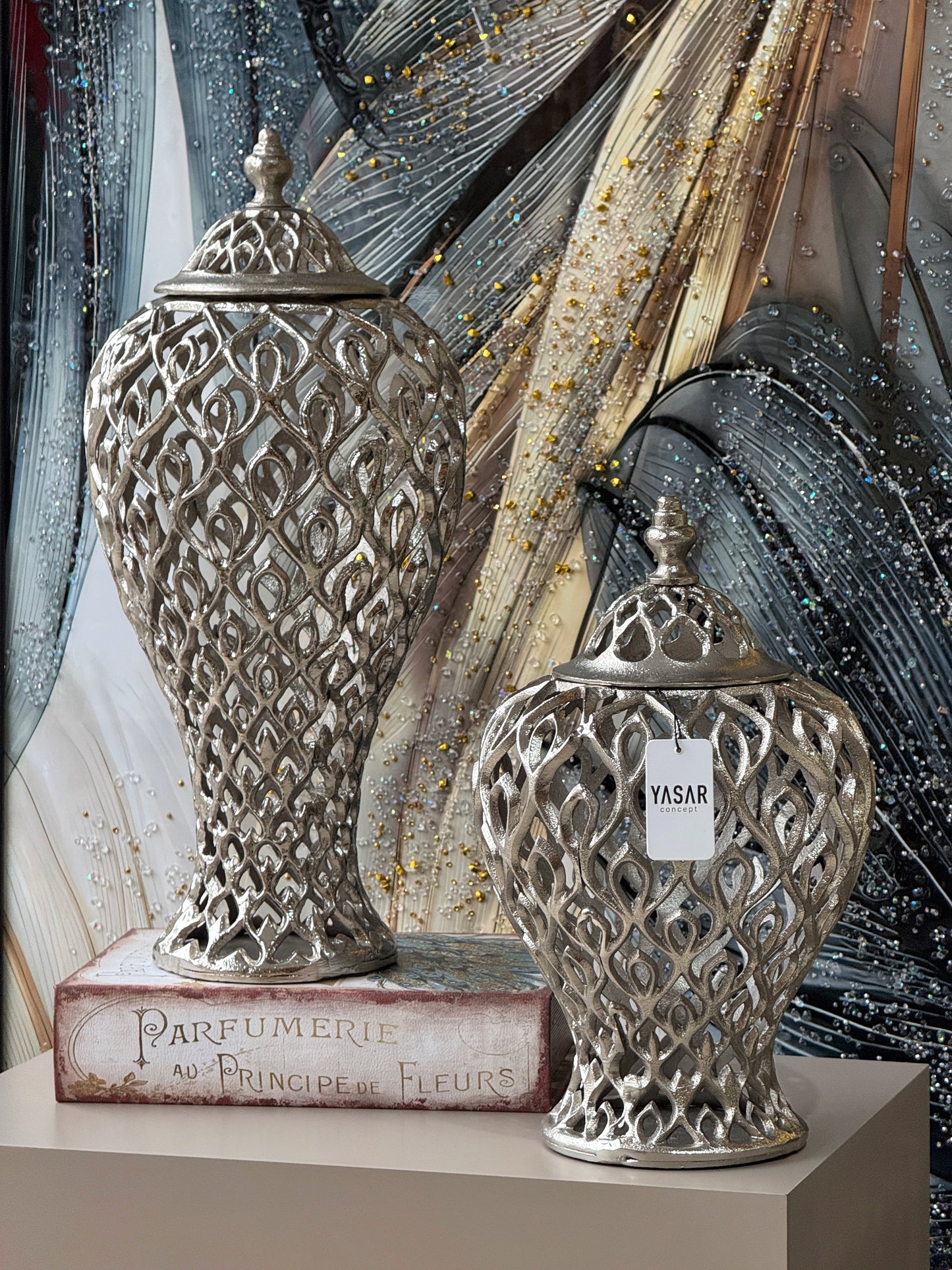 Peacock Metal Kapaklı Küp Vazo Set Gümüş