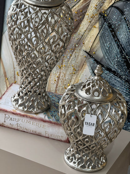 Peacock Metal Kapaklı Küp Vazo Set Gümüş