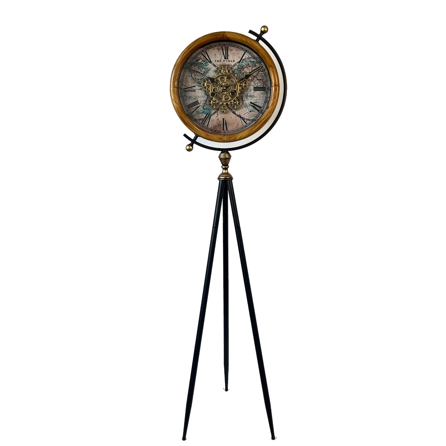 Gloworld Dünya Haritalı Ahşap Metal Çarklı Tripod Ayaklı Saat 51x156 Cm