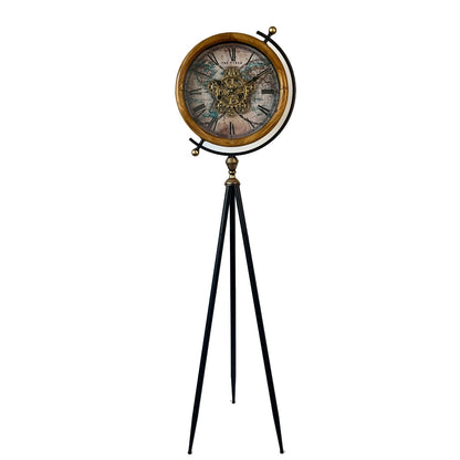 Gloworld Dünya Haritalı Ahşap Metal Çarklı Tripod Ayaklı Saat 51x156 Cm