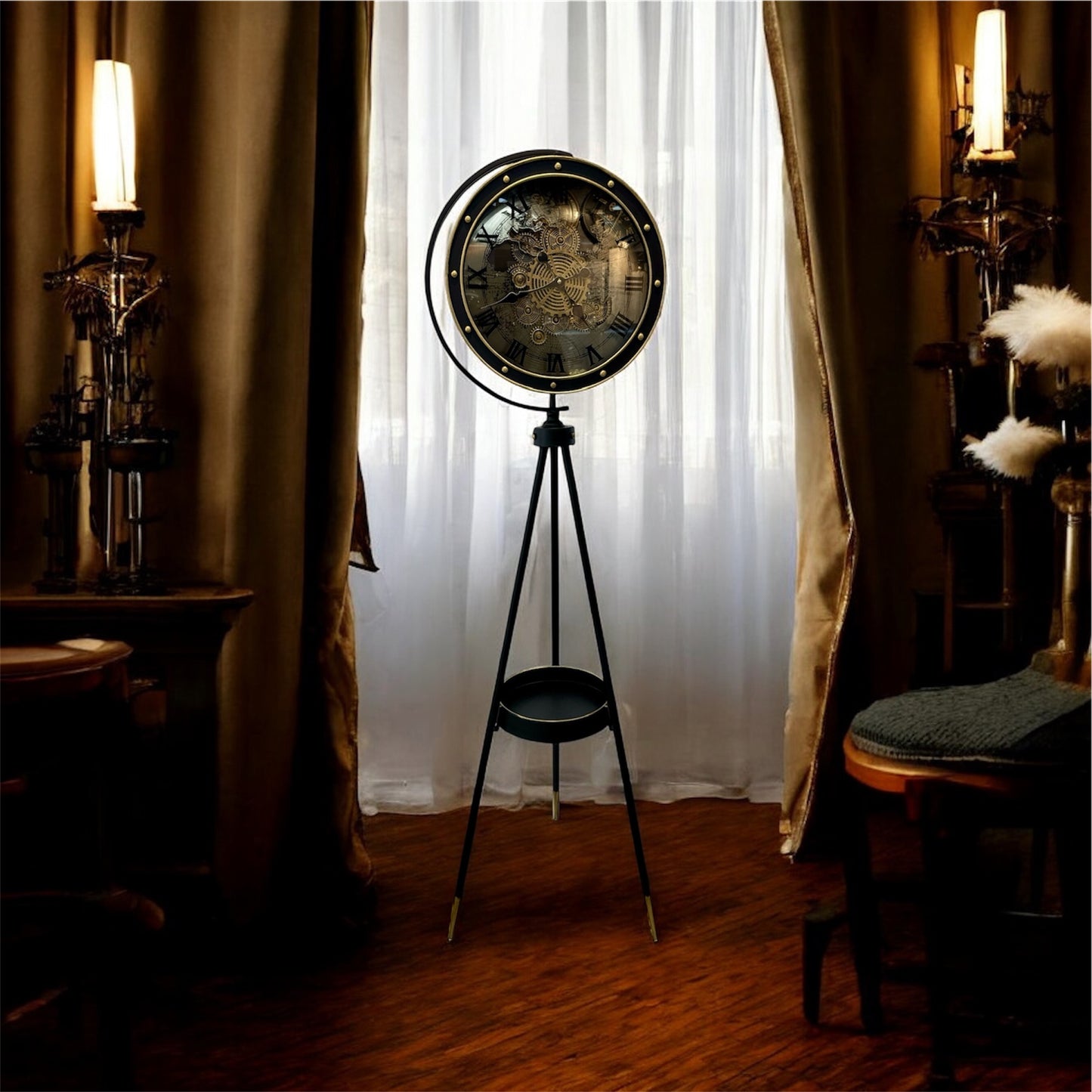 Vintora Dünya Haritalı Metal Çarklı Tripod Ayaklı Saat