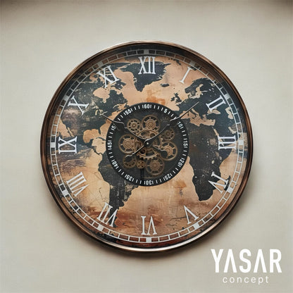 Worlddial Dünya Haritalı Metal Çarklı Duvar Saati 60 Cm