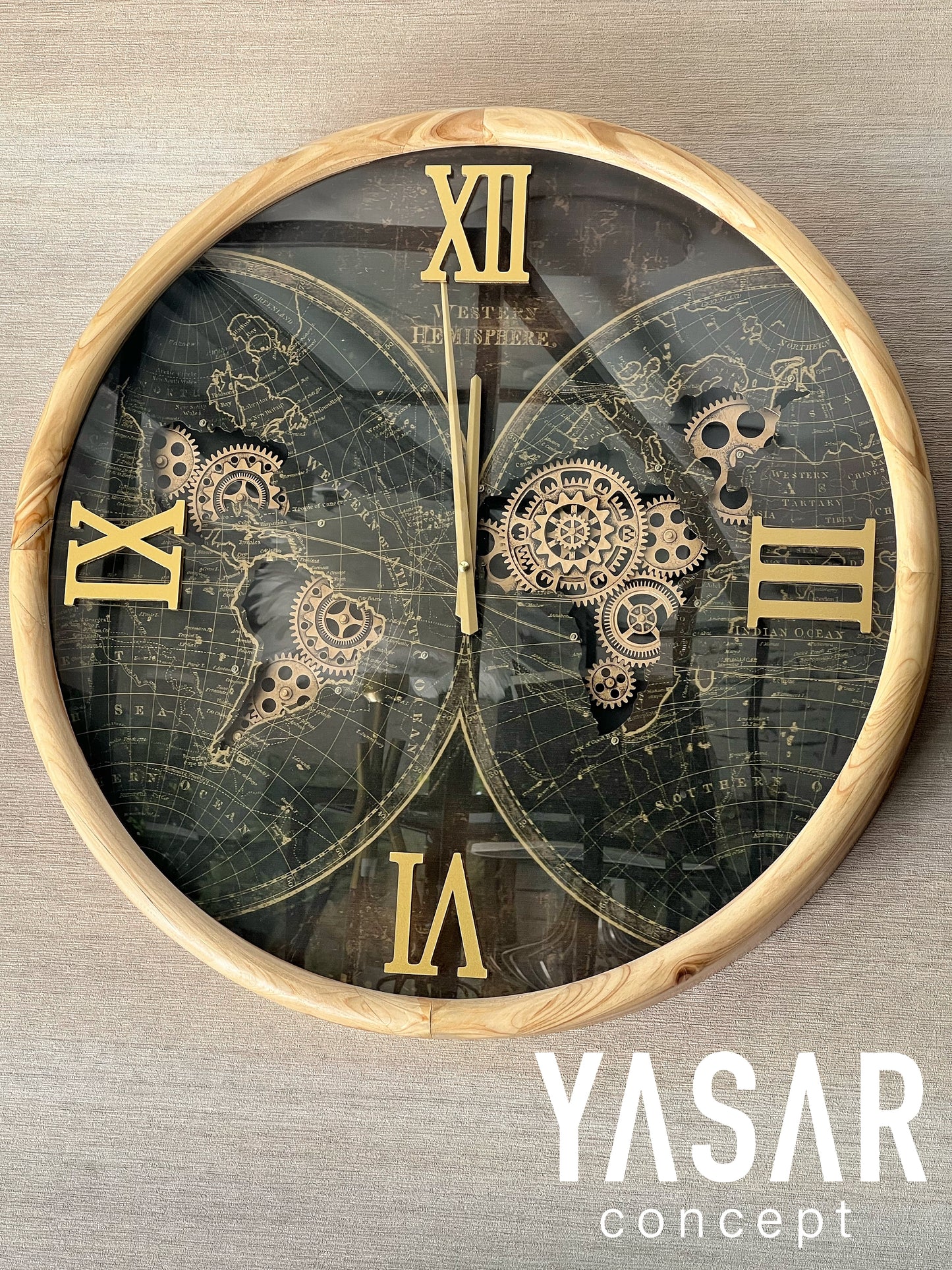 Globarix Dünya Haritalı Ahşap Çarklı Duvar Saati 60 Cm