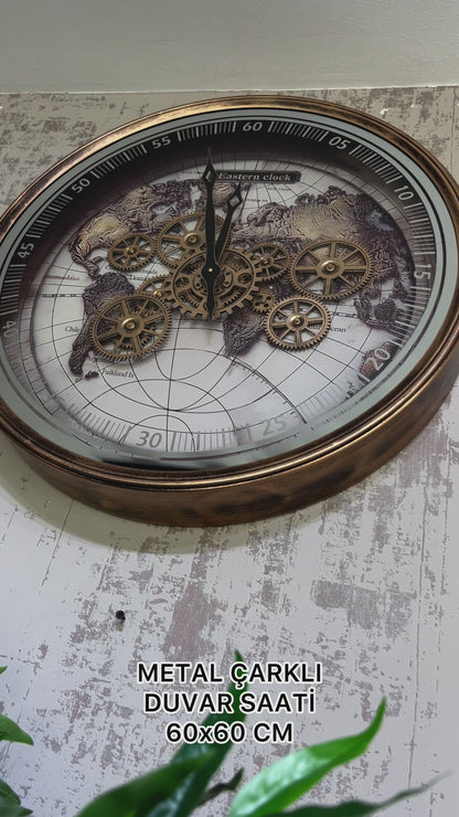 Eastern Clock Dünya Haritalı Metal Çarklı Duvar Saati 60 Cm