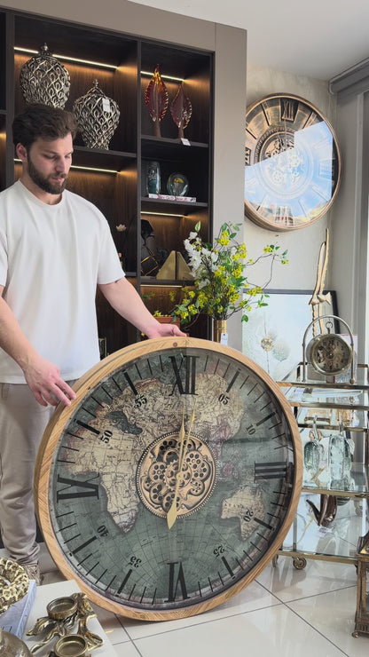 Globera Dünya Haritalı Ahşap Çarklı Saat 100 Cm