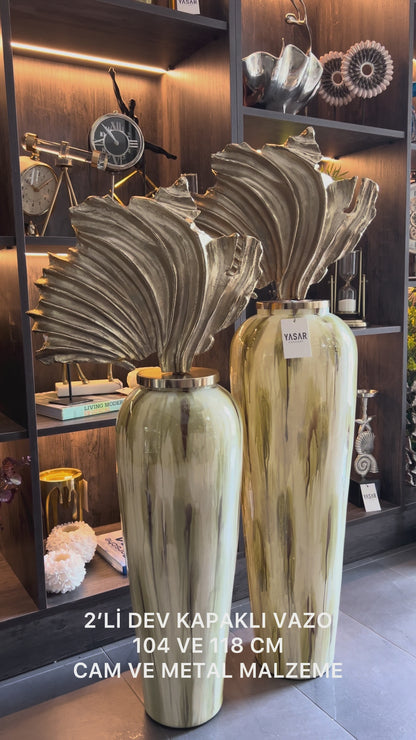 Vetrilux Yeşil Krem Dekoratif Kapaklı Mega Cam Vazo