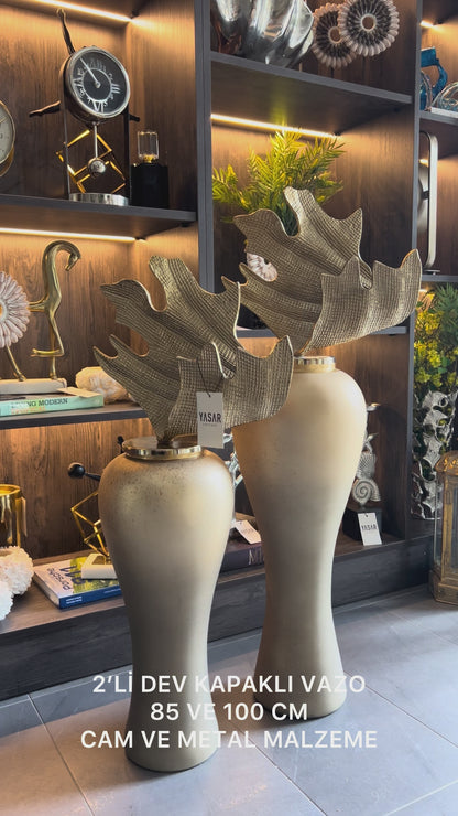Gigantheia Kahve Krem Dekoratif Kapaklı Mega Cam Vazo