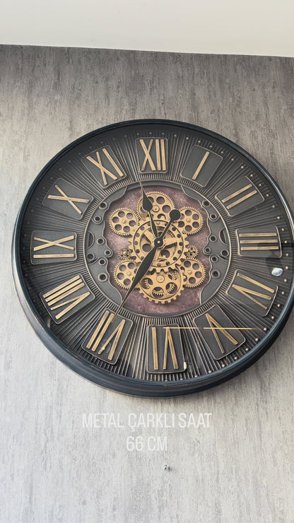 Rouage Metal Çarklı Duvar Saati 70 Cm